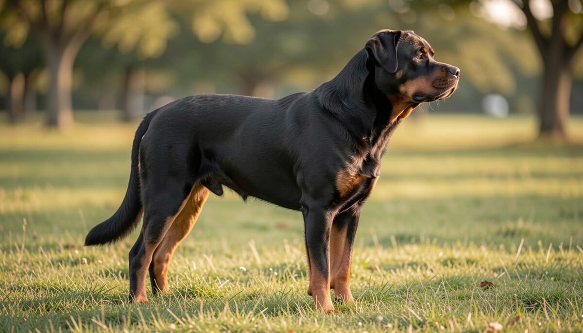 An adult Rottweiler standing in profile on grass, square and compact, head held calmly, late afternoon light.