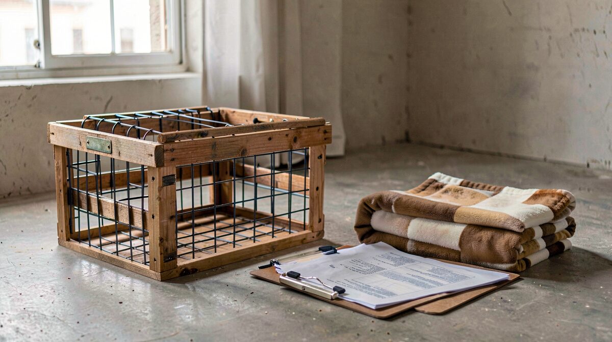 An open wooden and wire travel crate on a concrete floor beside a folded puppy blanket and a clipboard of papers, morning light from a side window, medium shot at floor level.