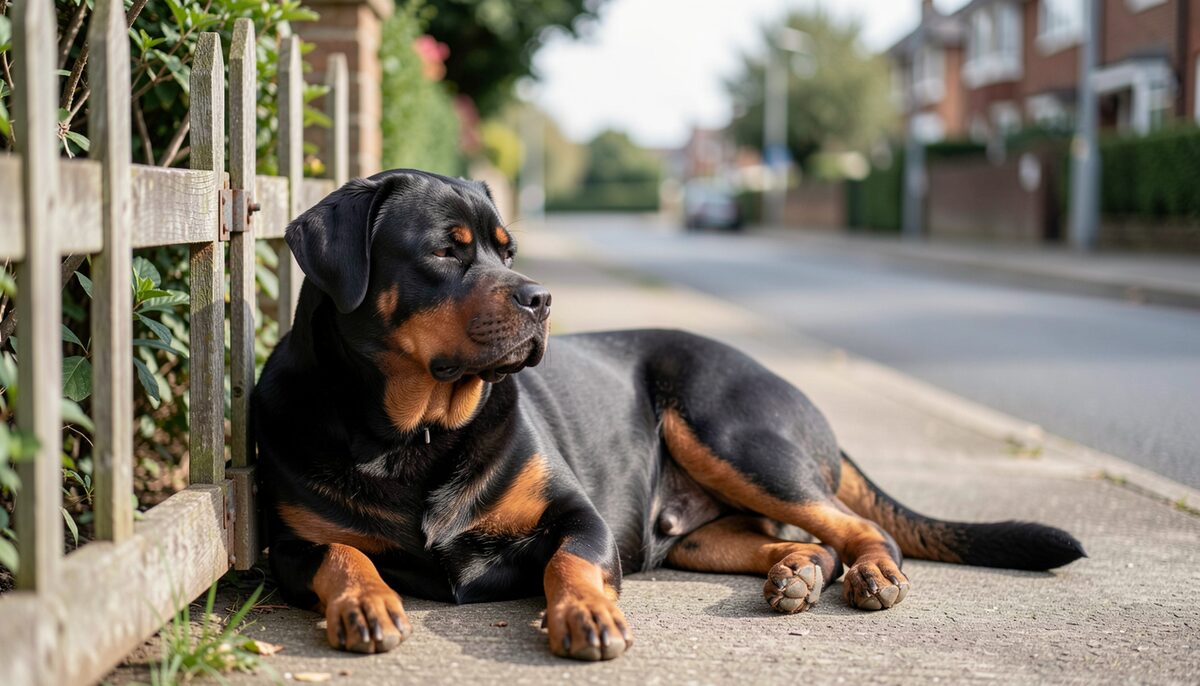 A Rottweiler lying relaxed beside a garden gate, watching the street with a calm, unreadable expression.