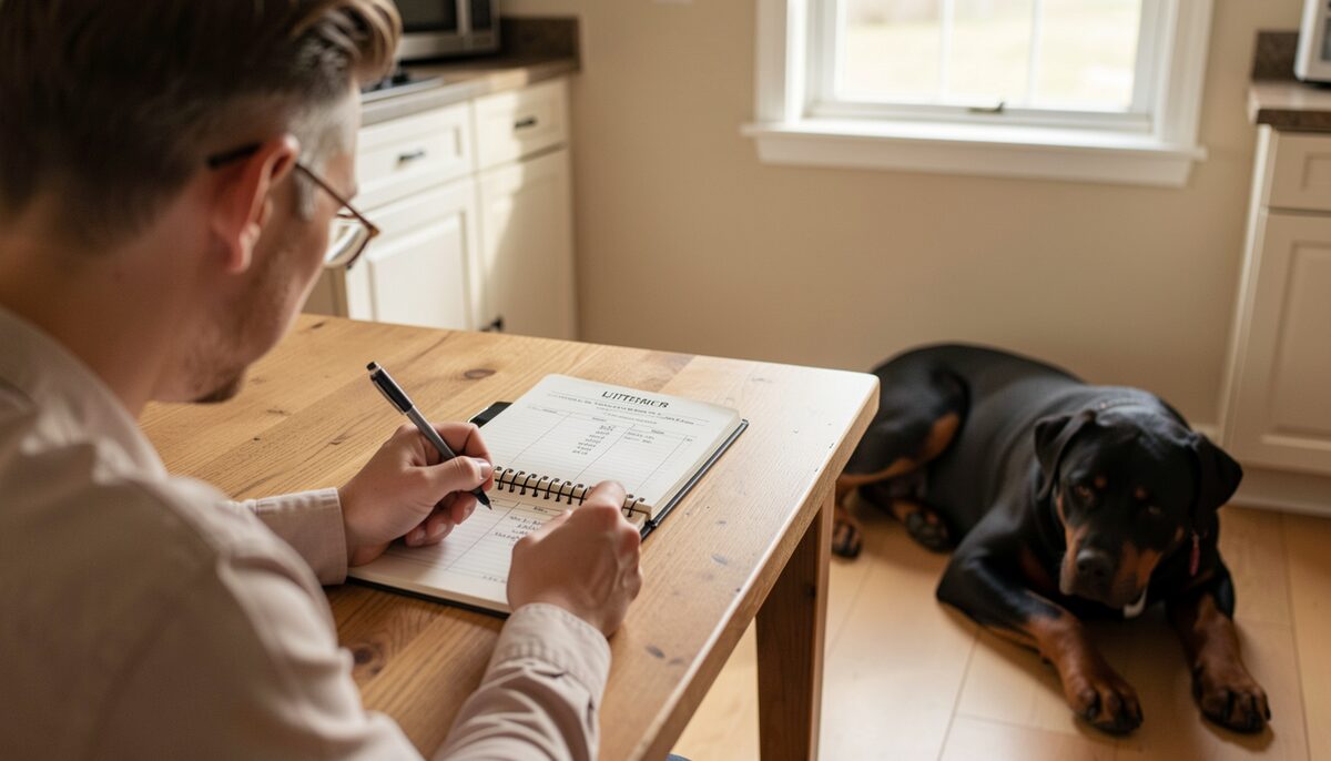 A breeder writing a litter plan in a bound notebook at a kitchen table, a Rottweiler resting nearby.