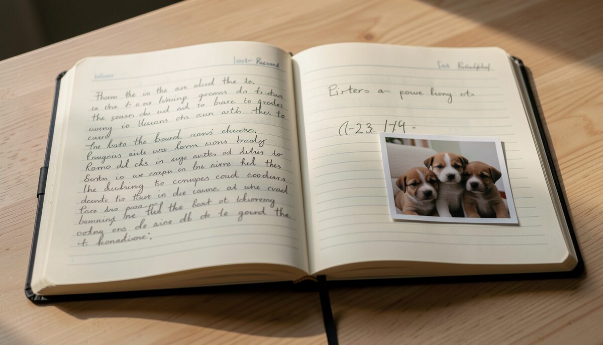 A bound record book open on a page of handwritten litter notes, a dated entry beside a small photo of puppies.